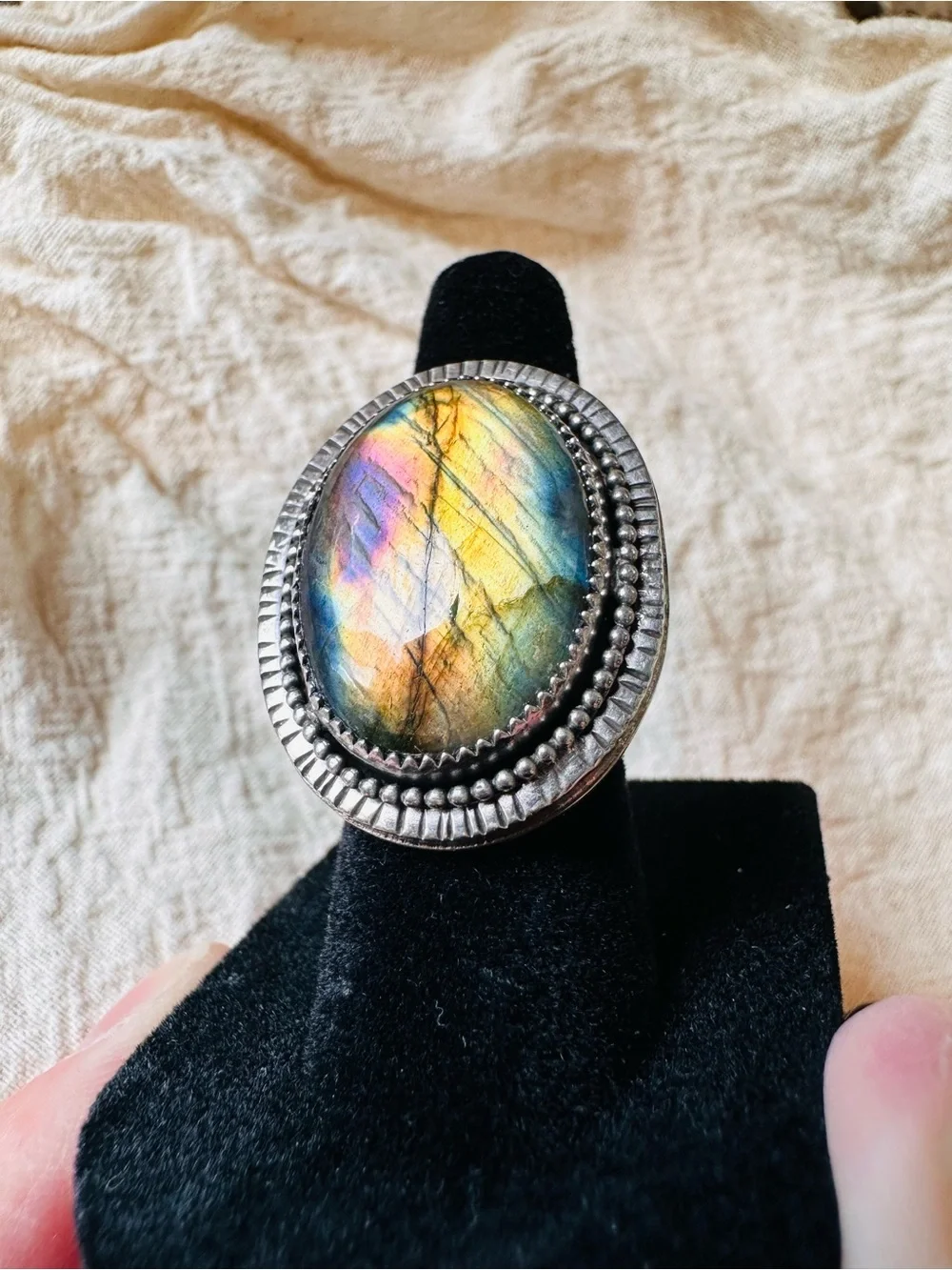 Handmade Sterling Silver Rainbow Labradorite Statement Ring-Artisan-Size 6